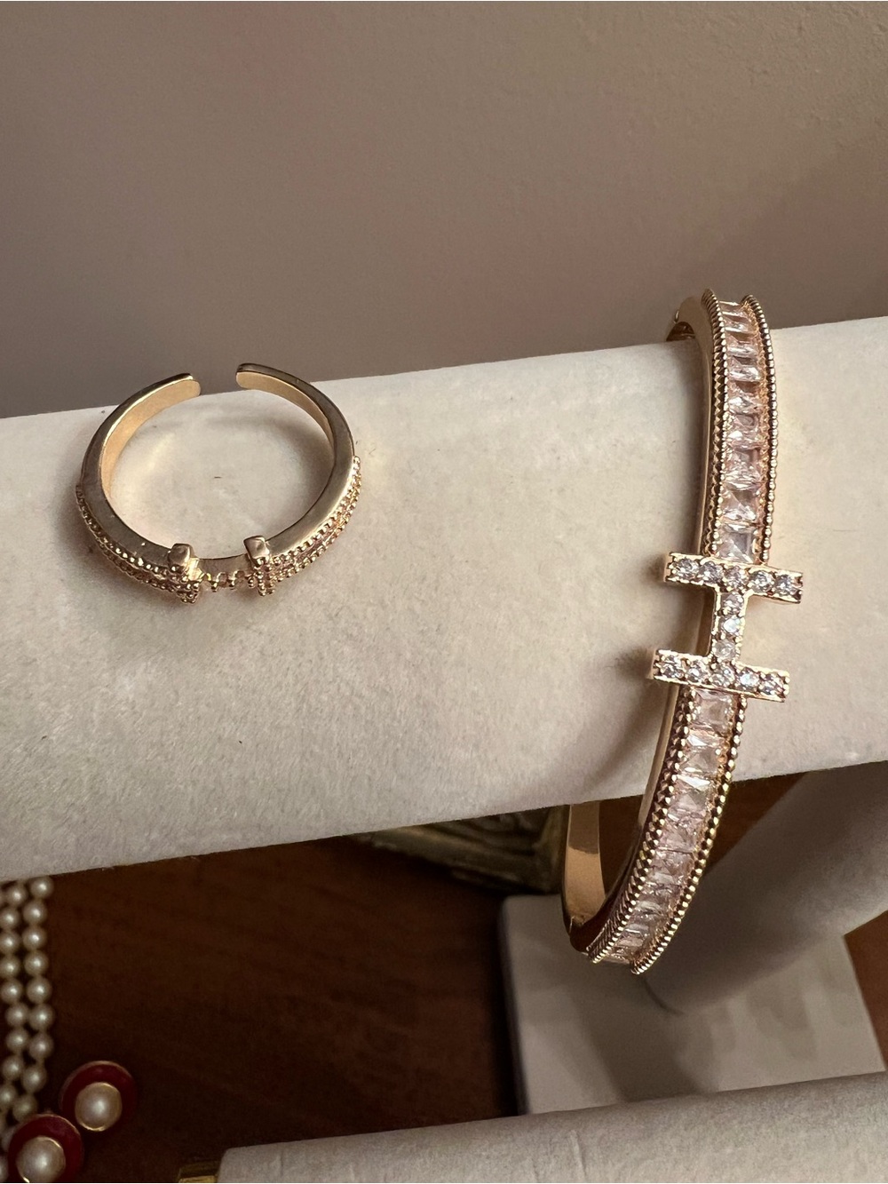 Gold Crystal Pavé Hinged H Bracelet with Matching Ring